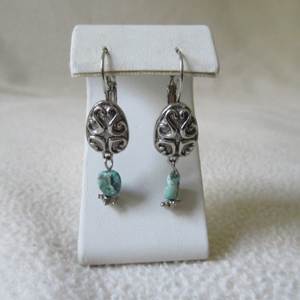 Silver Metal Earrings With Turquoise Stones